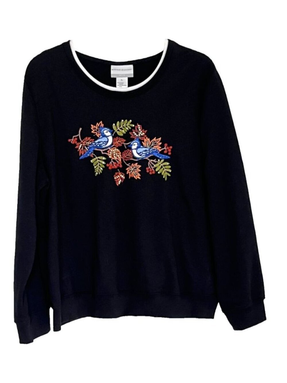 Alfred Dunner Sweatshirt Large Petite Embroidered Sequins Birds Fall Leaves